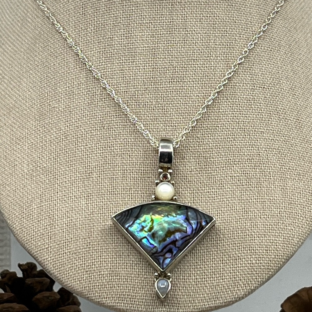 ✨ Abalone Shell & Gemstone Pendant – Sterling Silver Vintage Design - Picture 9 of 17